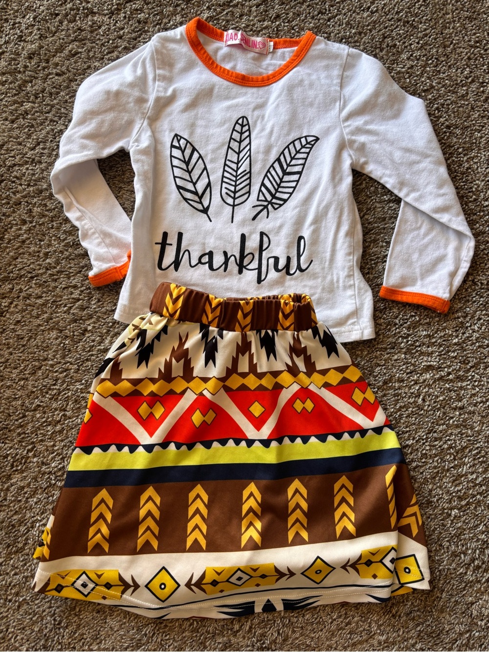 Thanksgiving thankful skirt set, girl size 100 US 3T-4T